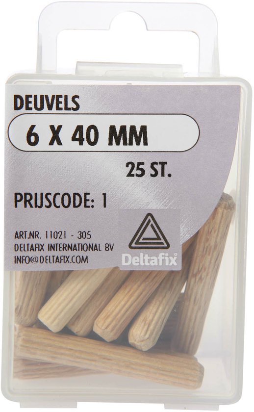 Verpakking met 25 houten deuvels van 6 x 40 mm.