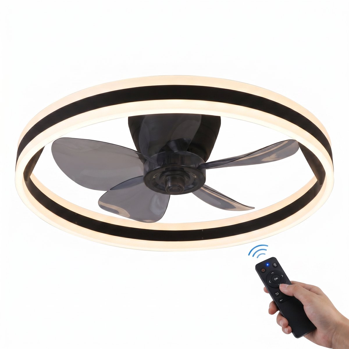 Plafondventilator met verlichting - Zwart - LED Ring 32W - Ø 50cm - Fluisterstil - App & Afstandsbediening - Dimbaar - Plafondlamp woonkamer - Plafonniere slaapkamer - Plafondlampen - Ventilator plafond