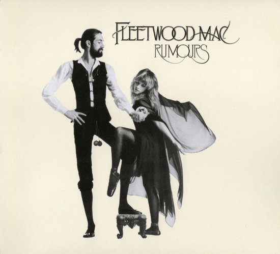 Fleetwood Mac Rumours albumhoes met een man in pak en een vrouw in jurk.