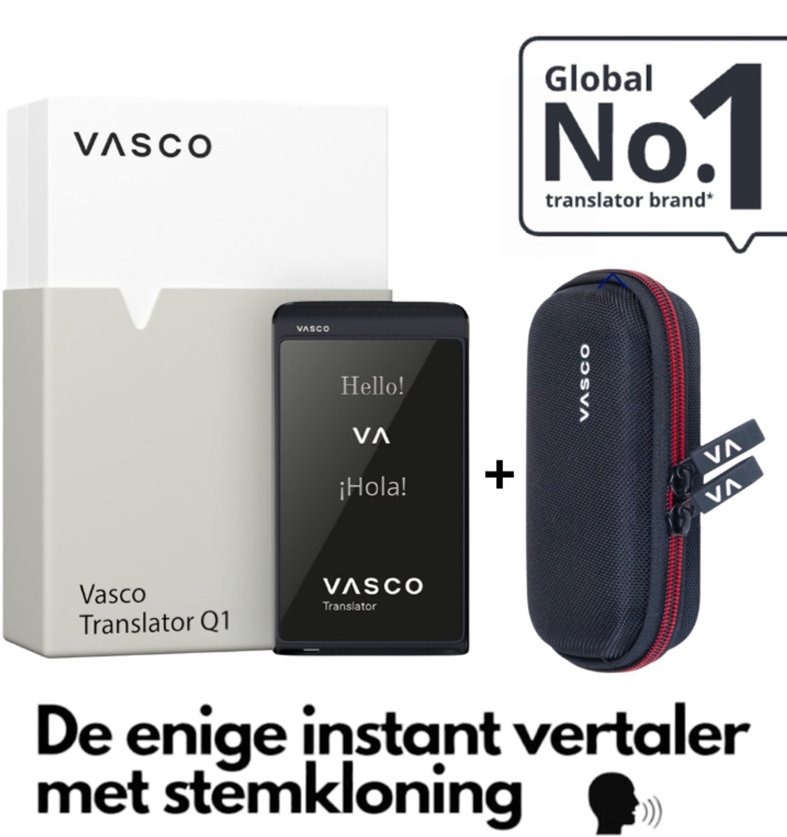 Vasco Translator Q1 Phantom Black AI vertaler + case voor Vasco Translator Q1. Nieuw 2025 de enige instant translator met stemkloning telefoongesprekken en handsfree modus gratis Internet foto en telefoon Vertale