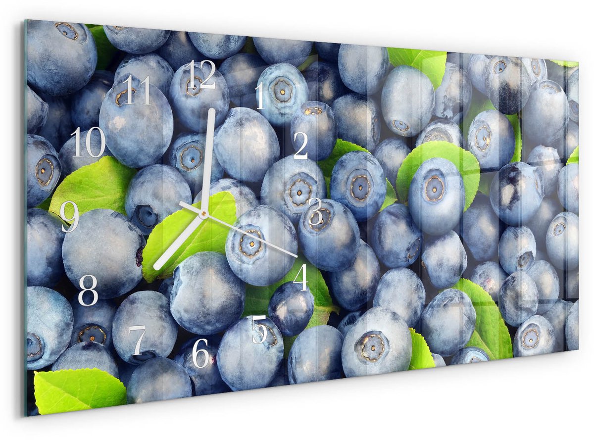 TULUP Wandklok - Bessen Moderne Wandklok Glas - 60x30 cm - Blauw Wandklok Glas Decoratie - Witte Handen - Rechthoekige Wandklok - Moderne Wandklok Glas - Wandklok Glas Decoratie Blauw - Bessen