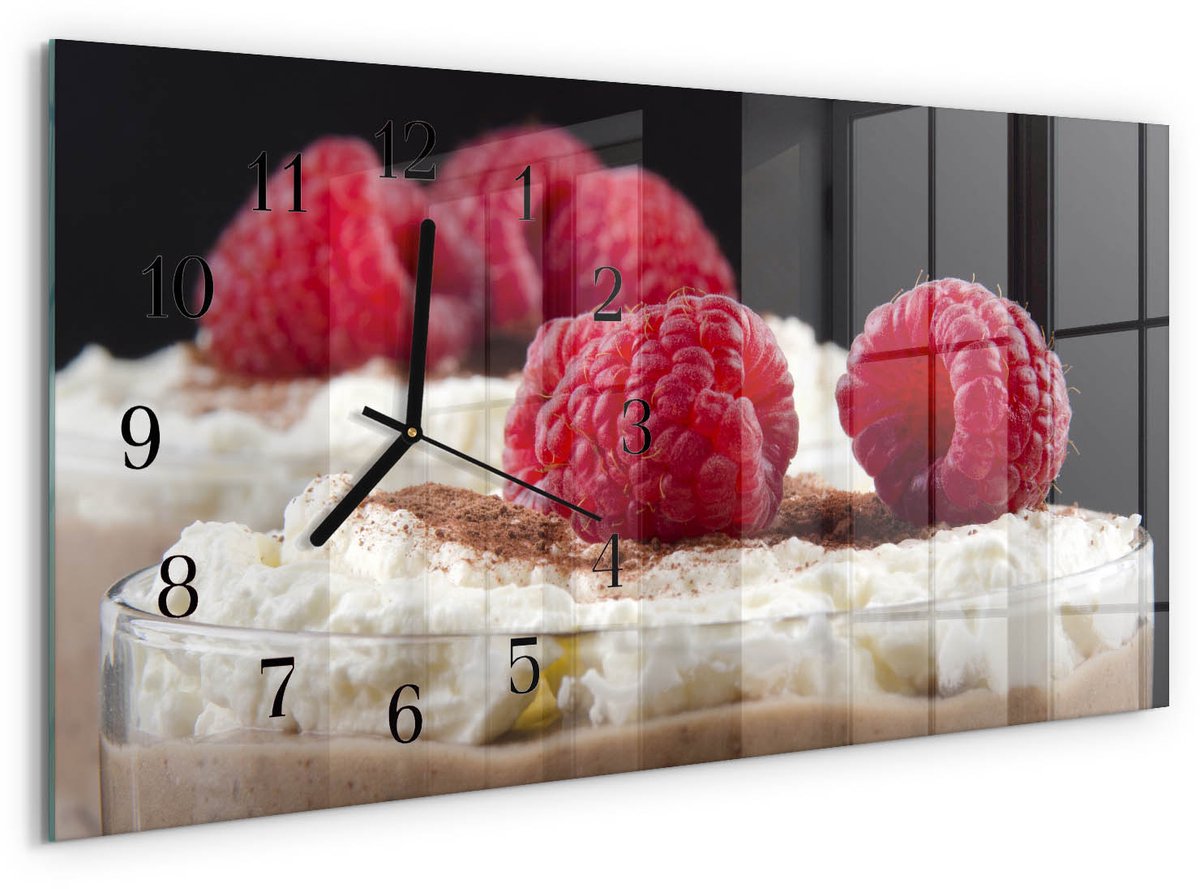 TULUP Wandklok - Frambozendessert Wandklok Glas Met Motief - 60x30 cm - Rood Decoratieve Glazen Klok - Zwarte Handen - Rechthoekige Wandklok - Glazen Wandklok Design - Klok Glas Met Opdruk Rood - Frambozendessert