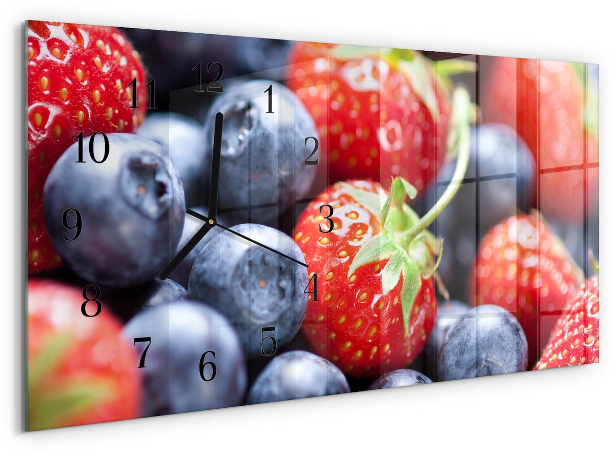TULUP Wandklok - Bosvruchten Decoratieve Glazen Klok - 60x30 cm - Rood Glazen Wandklok Design - Zwarte Handen - Rechthoekige Wandklok - Glazen Wandklok Design - Klok Glas Met Opdruk Rood - Bosvruchten