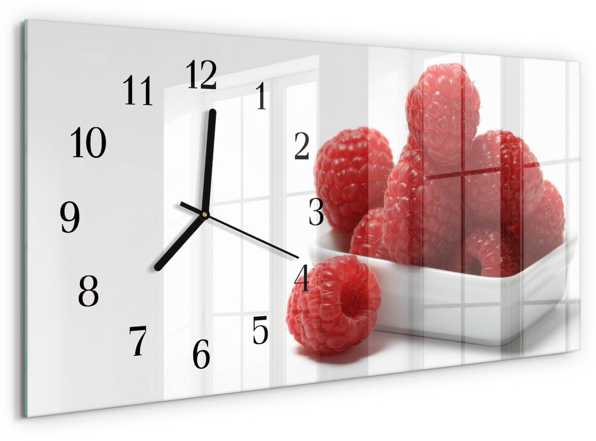 TULUP Wandklok - Frambozen Gekleurde Glazen Klok - 60x30 cm - Rood Glazen Klok Met Print - Zwarte Handen - Rechthoekige Wandklok - Wandklok Glas Met Motief - Decoratieve Glazen Klok Rood - Frambozen
