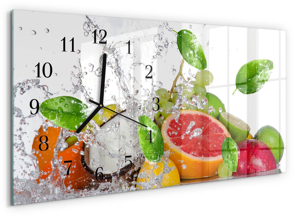 TULUP Wandklok - Fruit op het water Wandklok Glas Decoratie - 60x30 cm - Groente Gekleurde Glazen Klok - Zwarte Handen - Rechthoekige Wandklok - Decoratieve Glazen Klok - Glazen Wandklok Design