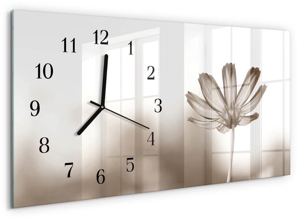 TULUP Wandklok - Bloem Glazen Klok Met Print - 60x30 cm - Beige Moderne Glazen Wandklok - Zwarte Handen - Rechthoekige Wandklok - Glazen Klok Met Print - Wandklok Glas Met Motief Beige - Bloem
