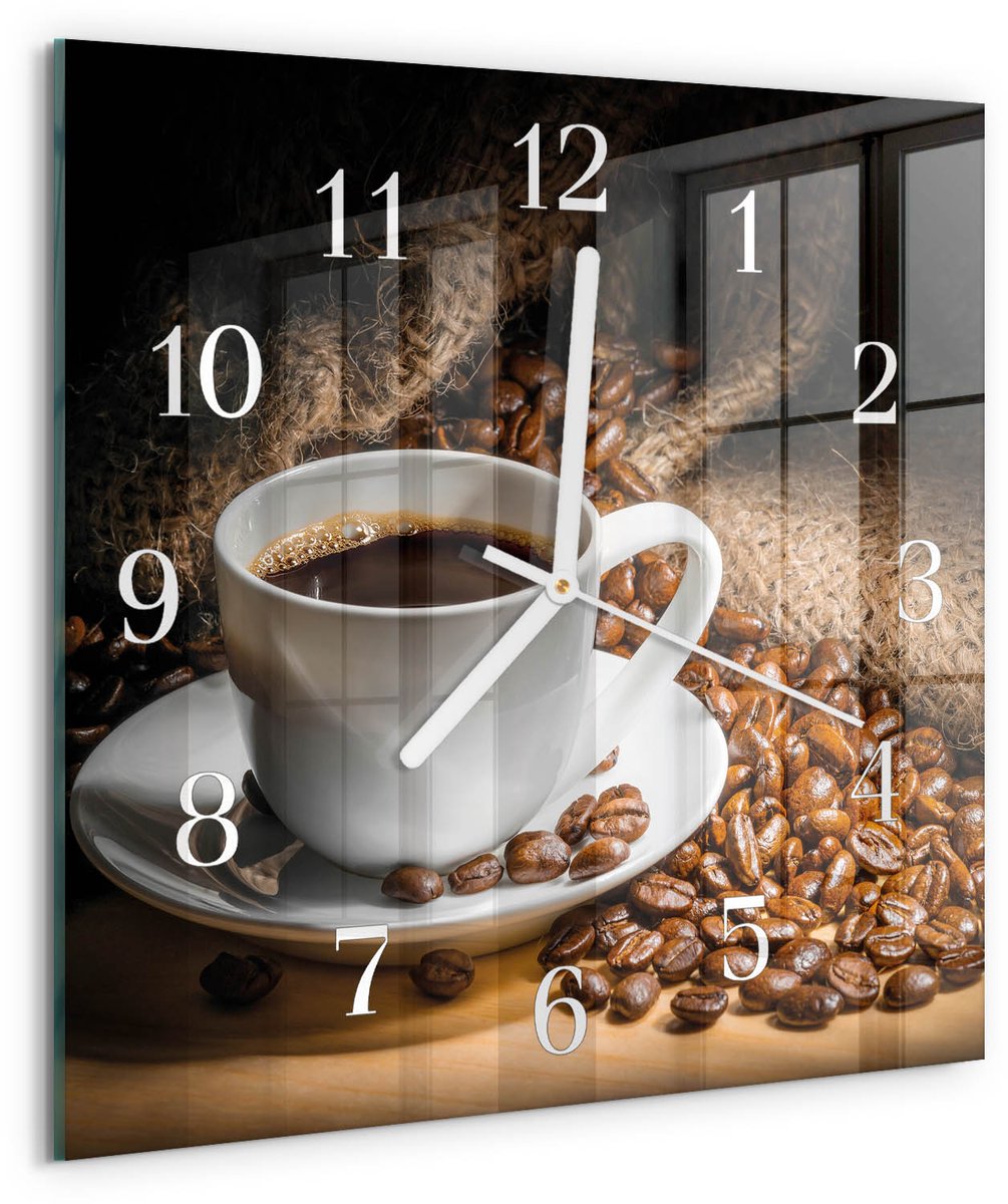 TULUP Wandklok - Koffie Klok Glas Met Opdruk - 30x30 cm - Bruin Moderne Wandklok Glas - Witte Handen - Vierkante Wandklok - Decoratieve Glazen Klok - Glazen Wandklok Design Bruin - Koffie