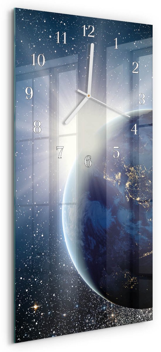 TULUP Wandklok - Aarde Weltall Moderne Wandklok Glas - 30x60 cm - Blauw Wandklok Glas Decoratie - Witte Handen - Rechthoekige Wandklok - Klok Glas Met Opdruk - Moderne Wandklok Glas Blauw - Aarde Weltall