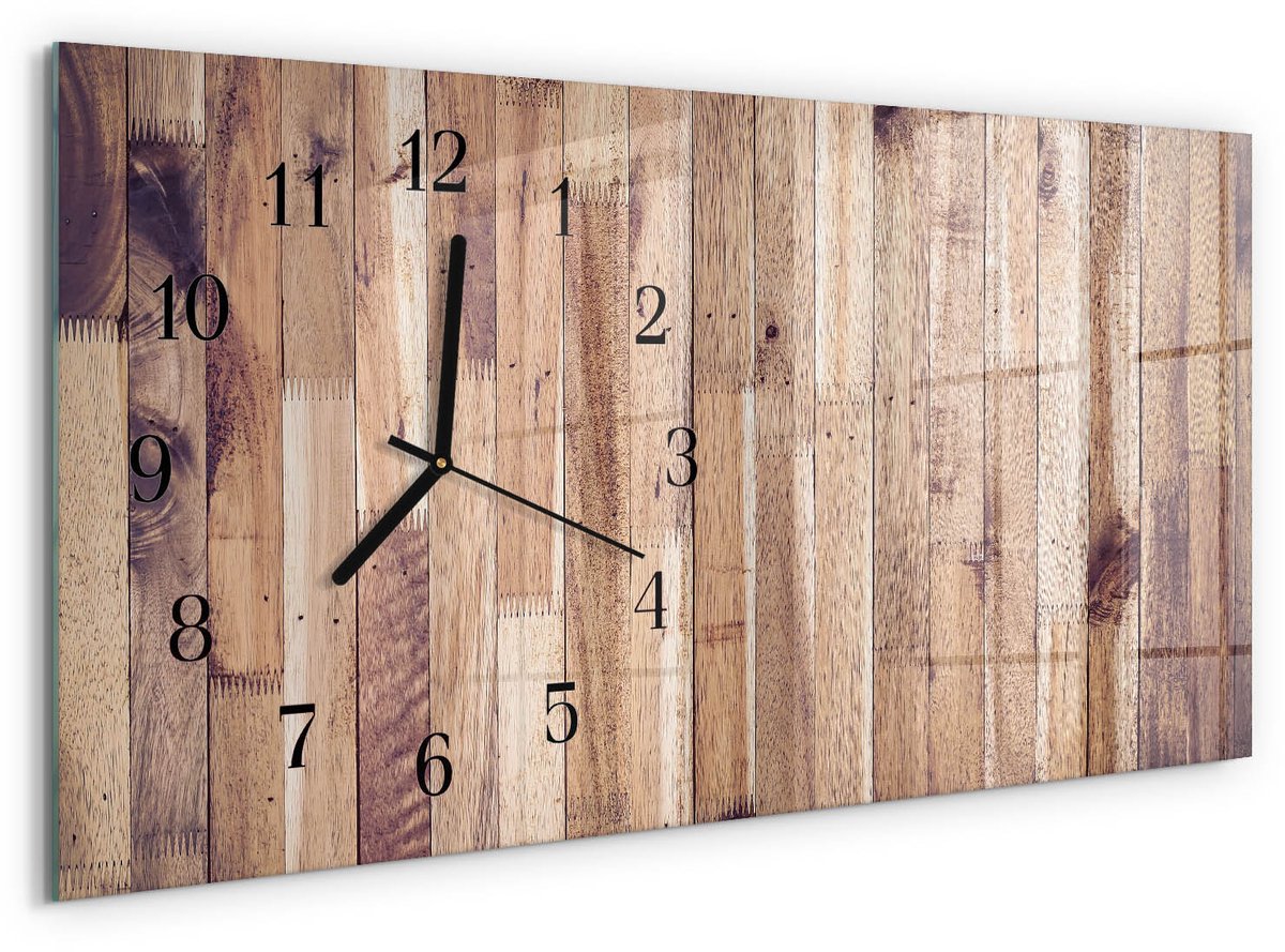 TULUP Wandklok - Houten planken Decoratieve Glazen Klok - 60x30 cm - Bruin Glazen Wandklok Design - Zwarte Handen - Rechthoekige Wandklok - Wandklok Glas Met Motief - Decoratieve Glazen Klok