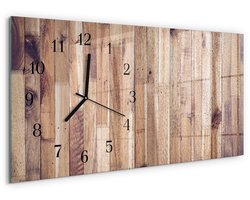 Tulup Wandklok - Houten planken Decoratieve Glazen Klok - 60x30 cm - Bruin Glazen Wandklok Design - Zwarte Handen - Rechthoekige Wandklok - Wandklok Glas Met Motief - Decoratieve Glazen Klok