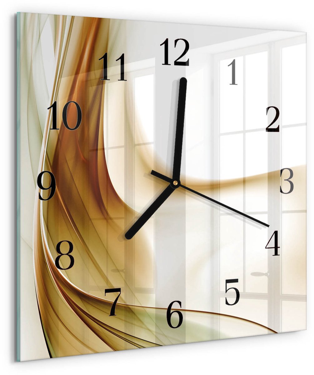 TULUP Wandklok - Abstractie Decoratieve Glazen Klok - 30x30 cm - Bruin Glazen Wandklok Design - Zwarte Handen - Vierkante Wandklok - Wandklok Glas Decoratie - Gekleurde Glazen Klok Bruin - Abstractie