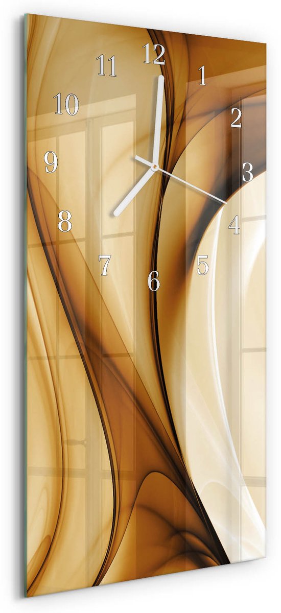 TULUP Wandklok - Patroon Glazen Klok Met Print - 30x60 cm - Beige Moderne Glazen Wandklok - Witte Handen - Rechthoekige Wandklok - Glazen Wandklok Design - Klok Glas Met Opdruk Beige - Patroon