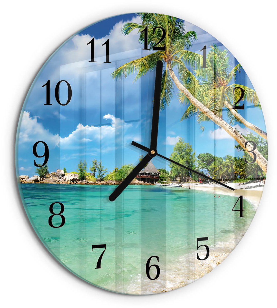TULUP Wandklok - Strandpalmbomen Glazen Klok Met Print - 30fi cm - Groente Moderne Glazen Wandklok - Zwarte Handen - Ronde Wandklok - Wandklok Glas Decoratie - Gekleurde Glazen Klok