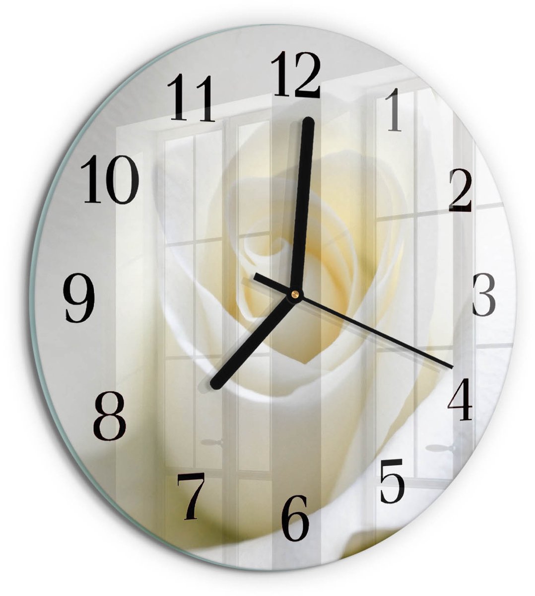 TULUP Wandklok - Witte Roos Klok Glas Met Opdruk - 30fi cm - Wit Moderne Wandklok Glas - Zwarte Handen - Ronde Wandklok - Glazen Klok Met Print - Wandklok Glas Met Motief