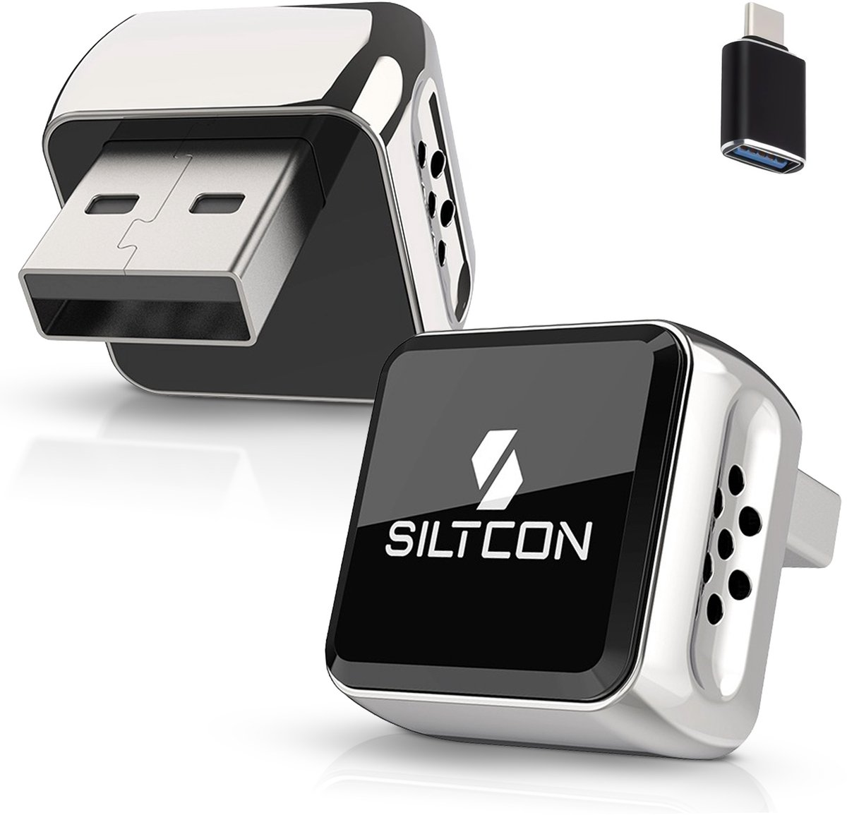 Siltcon® Ultra Compact 2-in-1 Geschikt voor Draadloos Carplay Dongle - Geschikt voor Draadloos Android Auto Dongle - USB-A - USB-C - Zilver