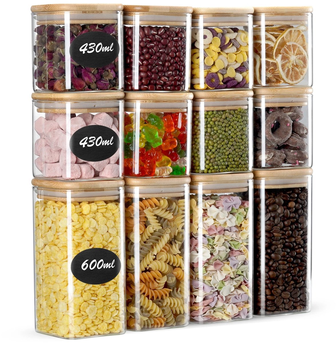 Stervia Voorraadpotten Glas - Met Bamboe Deksel - Voorraadbussen - 12 stuks - 430ML (8x) En 600ML (4x) - Luchtdicht