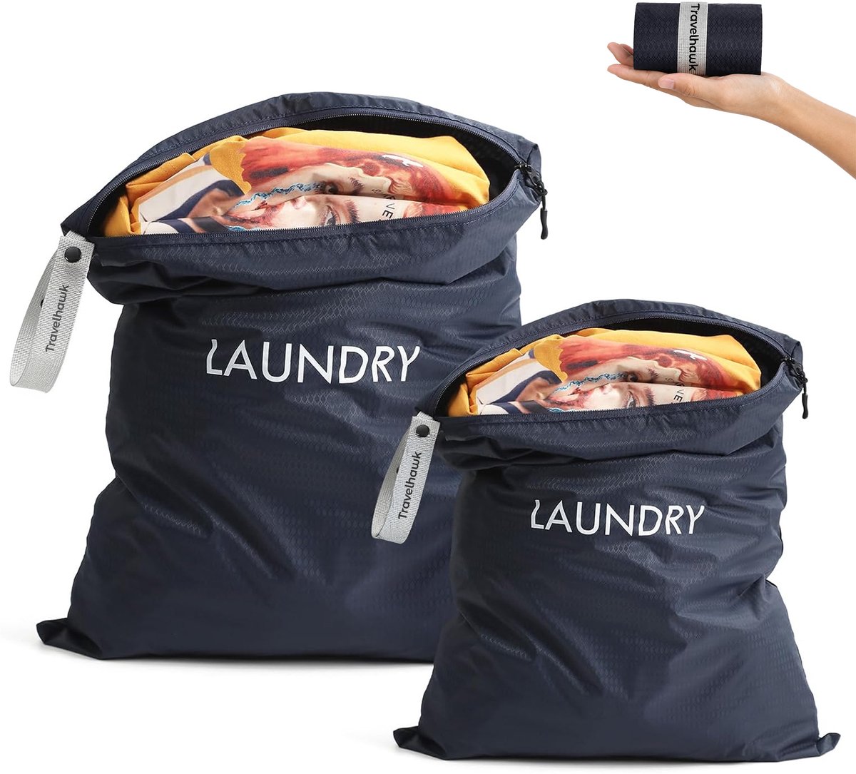 Travelhawk Grote Waszakken - 2 Stuks - 60 x 45 cm en 55 x 35 cm - Waszak voor Beddengoed, Handdoeken & Kleding – Wasnet voor Wasmachine - Blauw
