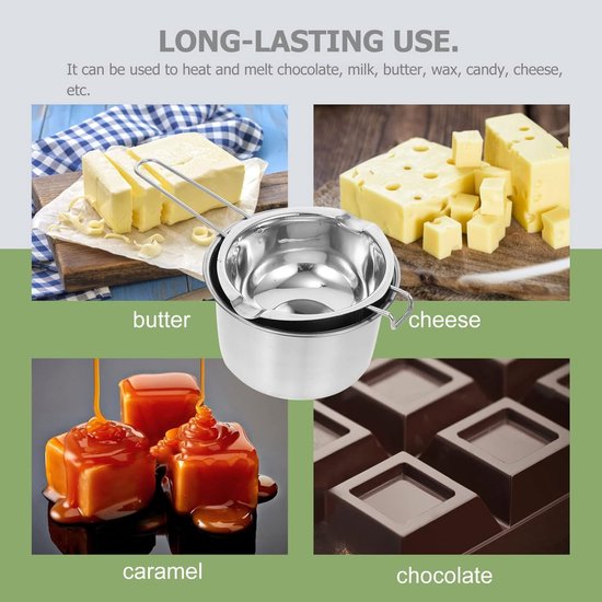 Roestvrijstalen dubbelwandige smeltkroes met boter, kaas, karamel en chocolade. Met "LONG-LASTING USE." tekst.