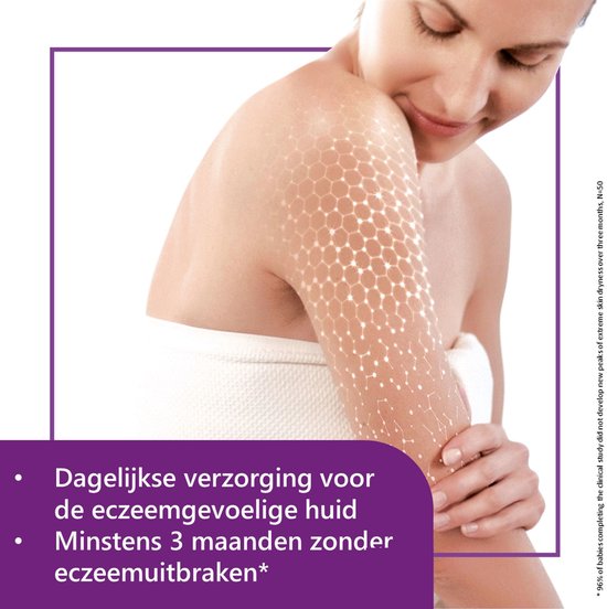 Vrouw met een gehydrateerde huid, bedekt met hexagonale patronen. Tekst: Dagelijkse verzorging voor de eczeemgevoelige huid.