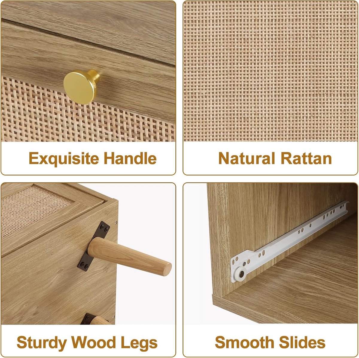 Ladekast 3 lades – Rotan Commode van Hout Eiken – Boho Design Dressoir Slaapkamer 80x40x91,4 cm – HomeByNicole – Moderne Opbergkast met Kantelbeveiliging & Veel Opbergruimte