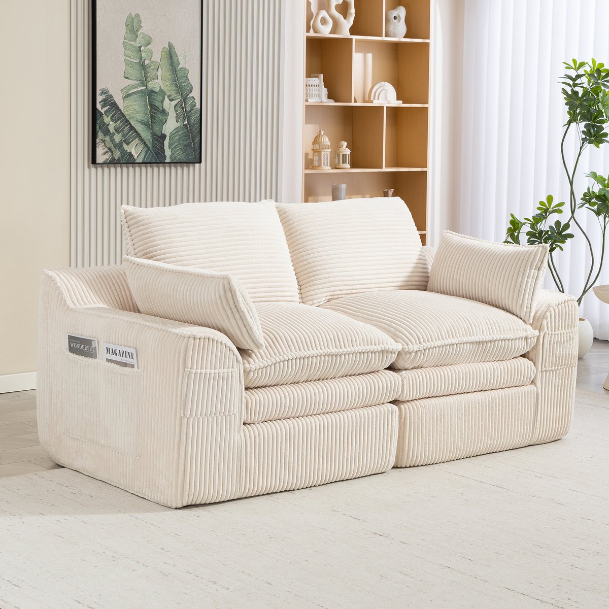 REDOM 2-Zits Bank - Met Zijvakken En Kussens - Voor Woonkamer Of Kantoor - Cordstof - Beige - 191 x 94 x 85 cm