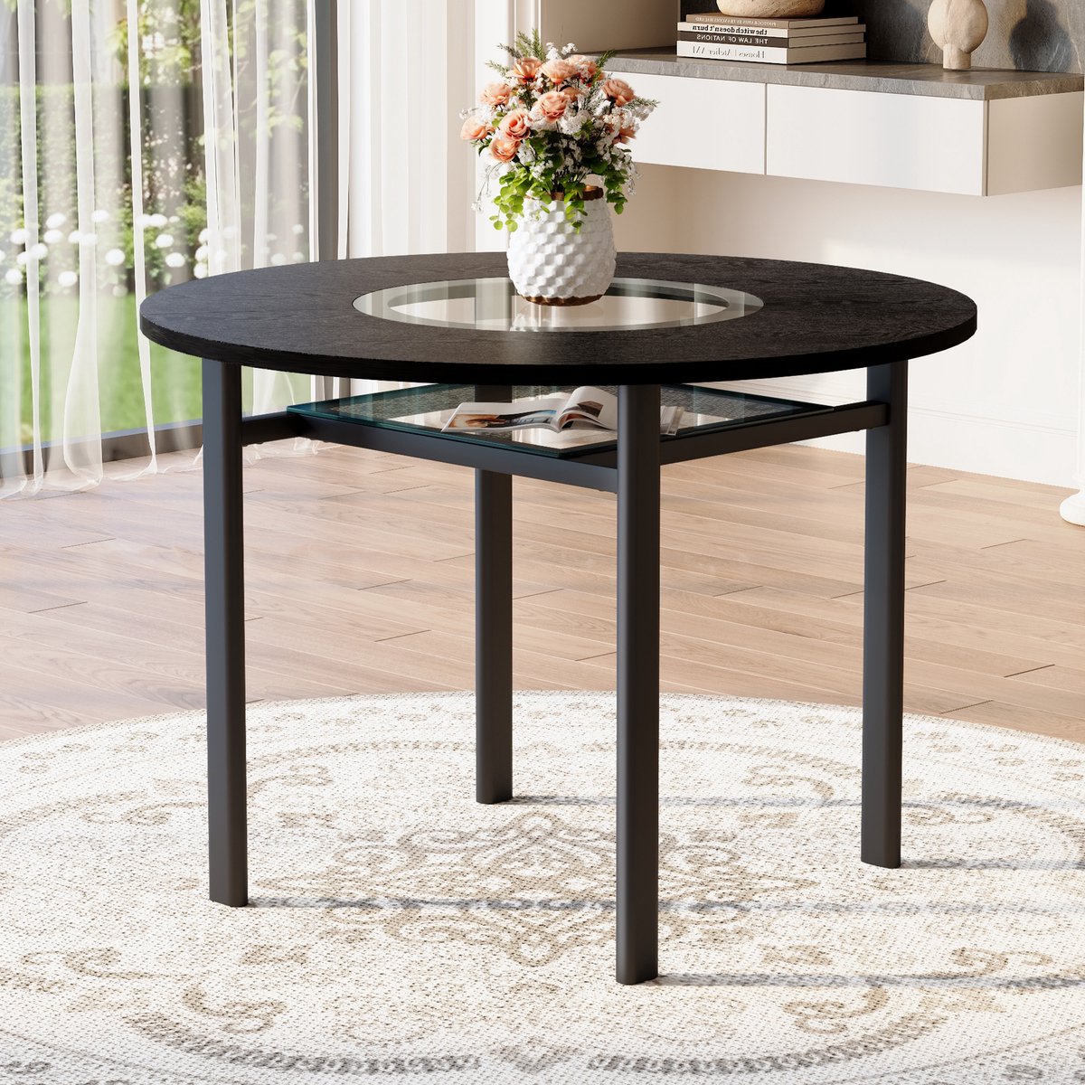 BLACKCOLORS Moderne minimalistische ronde eettafel, diameter 100 cm, zwarte houtnerf op het tafelblad, geschikt voor 2–4 personen (met grijs glazen inzetstuk en metalen stabiliteitsframe).