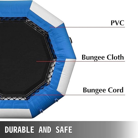 Octagonale trampoline met blauwe en witte randen, zwarte bungeestof en tekst 'Durable and Safe'.