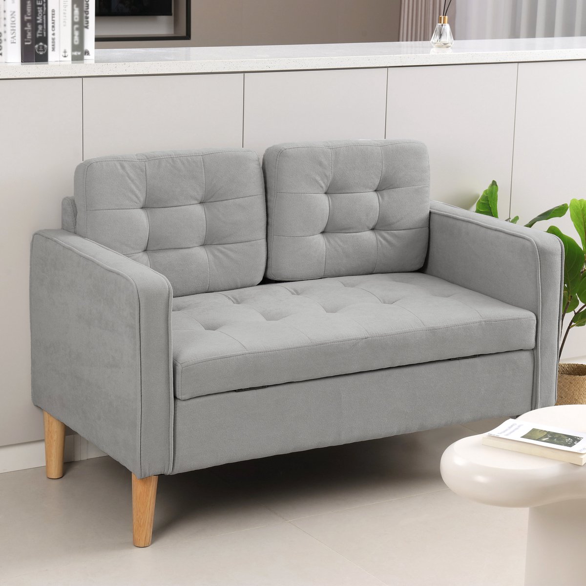 REDOM 2-Zits Bank Met Opbergruimte En Knopen - Voor Woonkamer Of Slaapkamer - Fluweel - Lichtgrijs - 117 X 62 X 78 Cm
