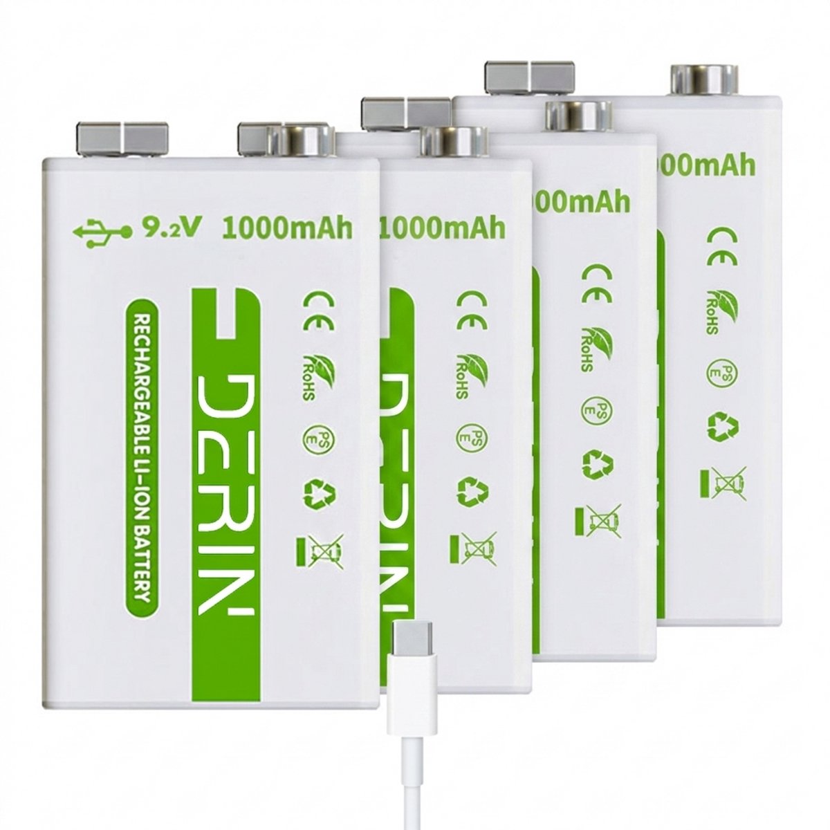 Derin USB-C 9V oplaadbare batterij 2-pack (1000 mAh), Snelladen met Kabel, 1000mAh Li-ion, Voor Rookmelders & Apparaten