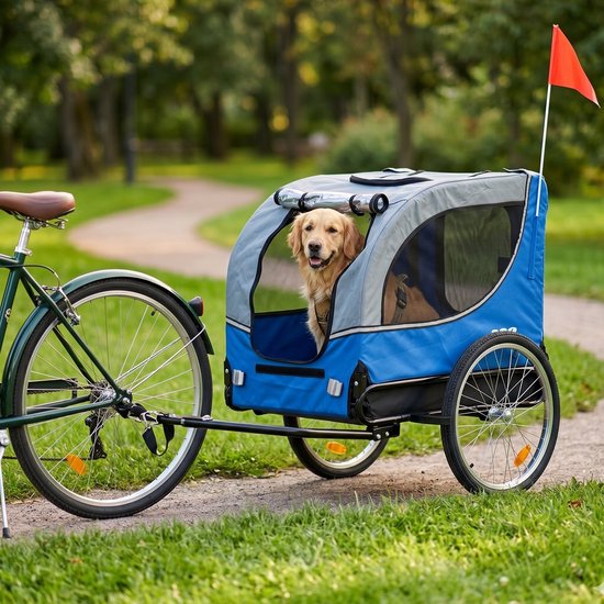 Blauwe en grijze fietskar met een golden retriever erin, met een rode vlag en een fiets.