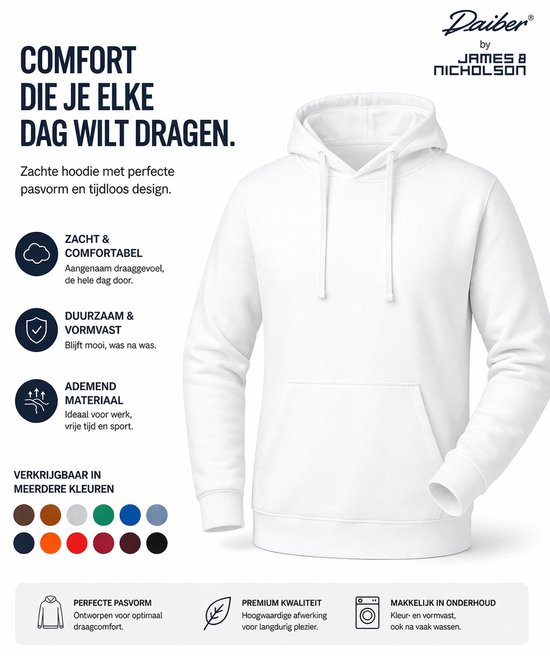 Witte hoodie met capuchon en kangoeroezak, met de tekst 'COMFORT DIE JE ELKE DAG WILT DRAGEN.' en merklogo Daiber by James & Nicholson.