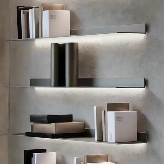 Foto: Zwevende wandplank met led verlichting aluminium boekenplank plantenrek 120x23x7 5 cm grijs moderne wandkast voor woonkamer slaapkamer homebynicole
