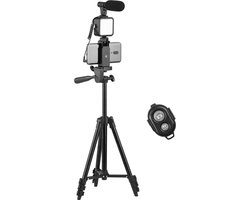 Deze mobiele vlogvideokit bevat een in hoogte verstelbaar statief, een ledlamp en een kabel voor de afstandsbediening van de sluiter, waardoor hij ideaal is voor het maken van video's met je mobiele telefoon.