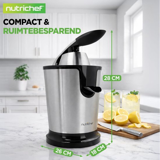 Nutrichef Citruspers - Sinaasappelpers Elektrisch - 160 Watt - Handmatige Pershendel - Verstelbaar Vliesfilter - RVS Zilver van Merkloos — afbeelding 3