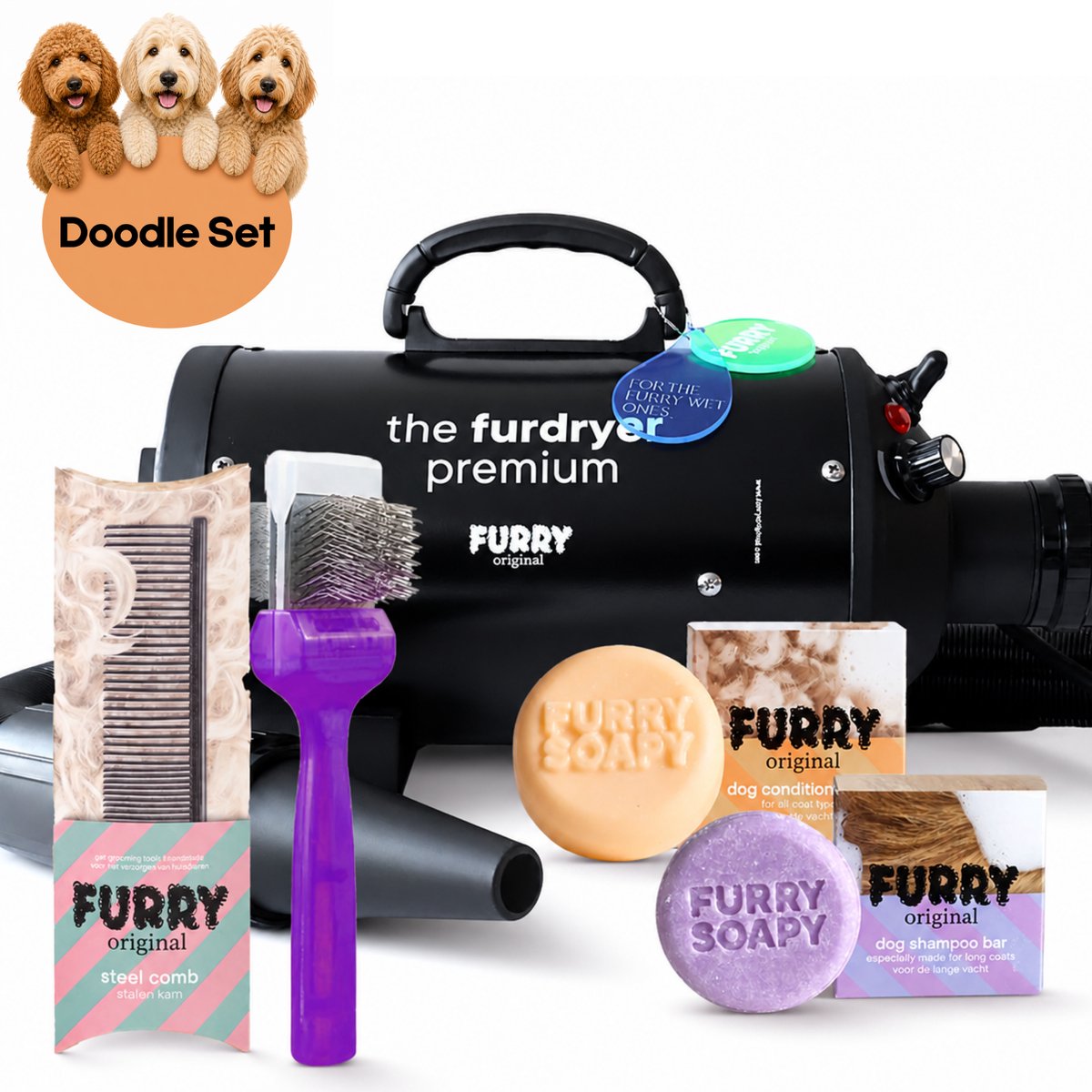 Furry Original® Labradoodles - Complete Vachtverzorging Set - Waterblazer & Hondenfohn met Geluidsdemper - Activet Borstel Slickerborstel - Honden Kam - Shampoo & Conditioner voor Doodle Hond - Extra Voordeel