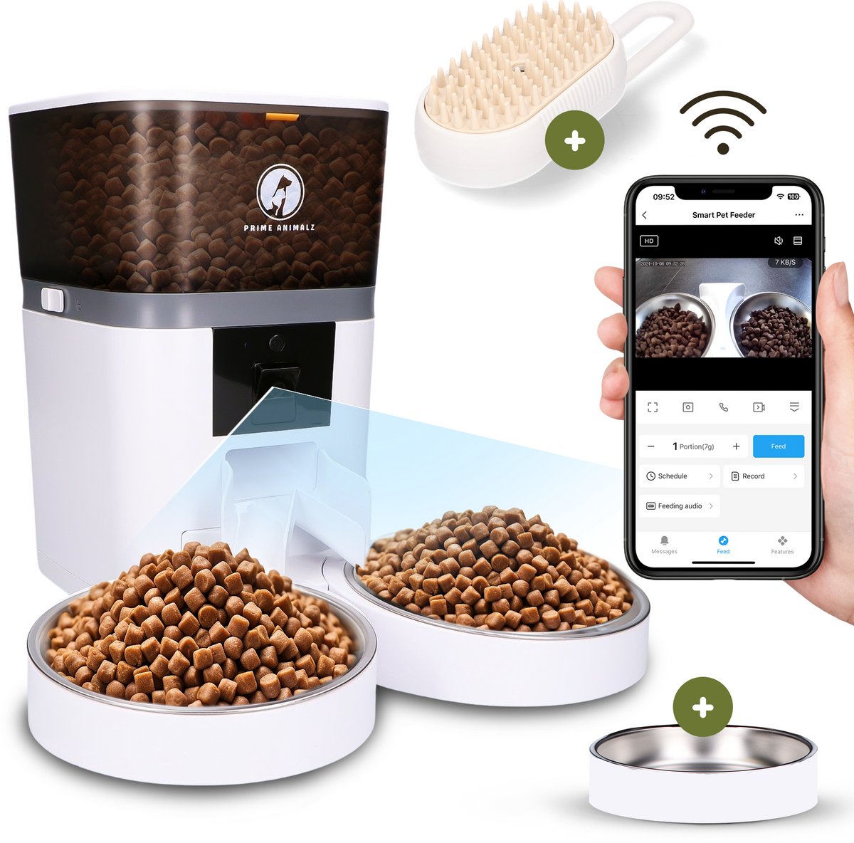 Automatische Voerbak Kat en Hond 4L Upgraded – Slimme Voerdispenser met Camera – Full HD 1080P Night Vision – Two-Way Audio – RVS Dubbele en Enkele Voerbak – App-bediening – Voerschema Instellen – Prime AnimalZ – Wit