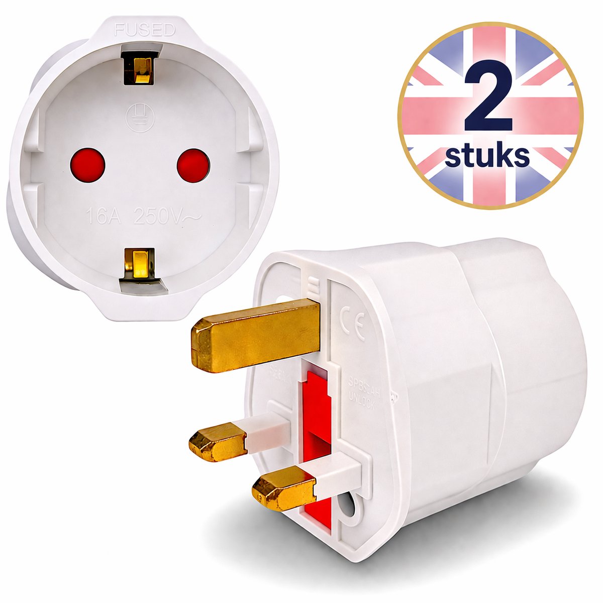 DEGG® - 2x Reisstekker Engeland – Type G Adapter – EU naar UK Stekker – 2 Stuks – Voor Schotland, Malta, Singapore, Hong Kong en Meer – Wit