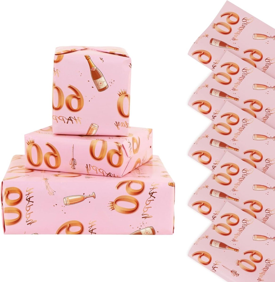 Inpakpapier voor 60e verjaardag, 5 vellen 70 x 50 cm, roségoud en roze, feestelijk cadeaupapier voor vrouwen, verjaardagsdecoraties en duurzame verpakking