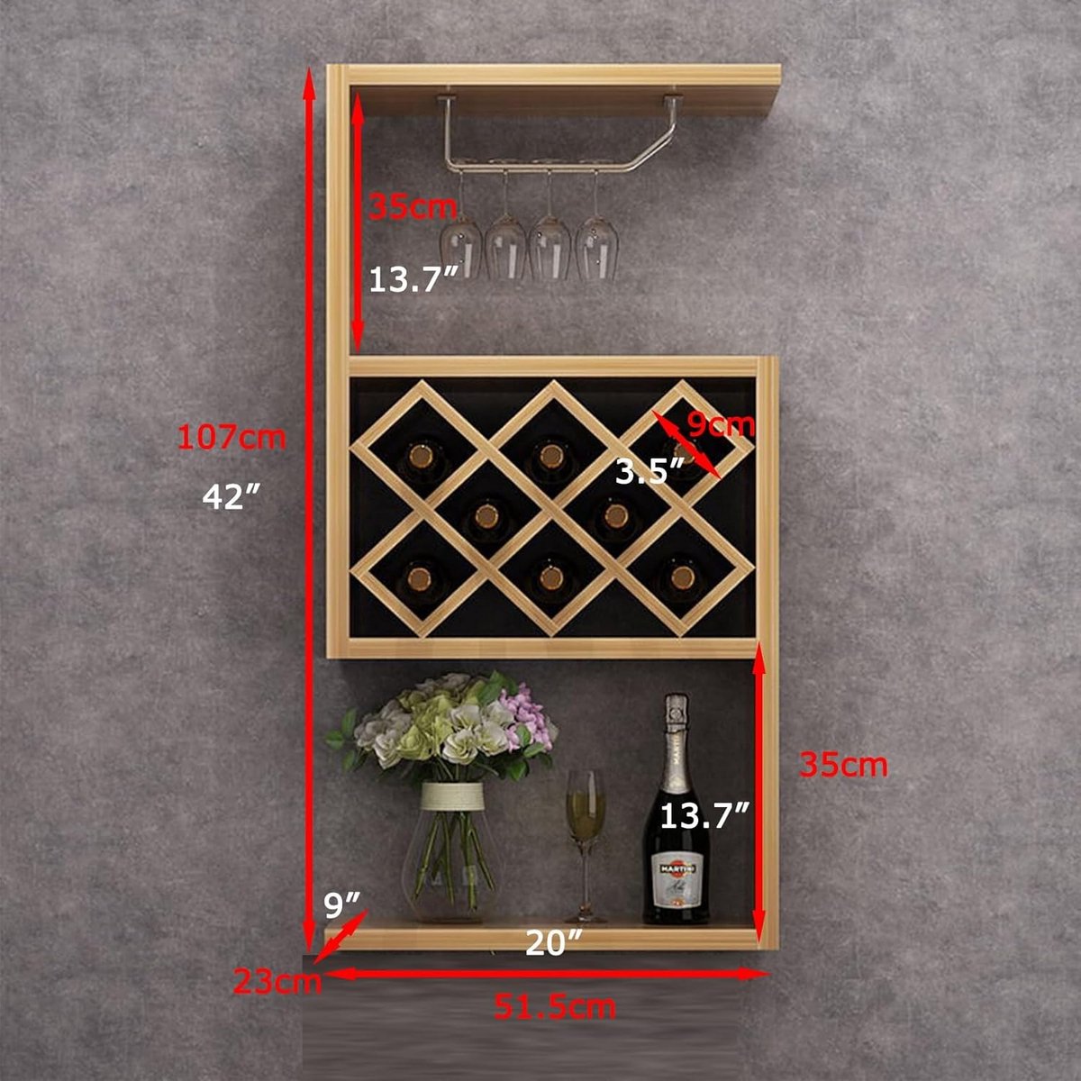 Wandgemonteerde Bar Unit / Wijnrek 51x23x107 cm – Floating Wall Shelves & Glas Hanger – Europees Design, Retro Houten Wijnkast met Opbergrek voor Woonkamer, Restaurant & Kleine Appartementen – HomebyNicole