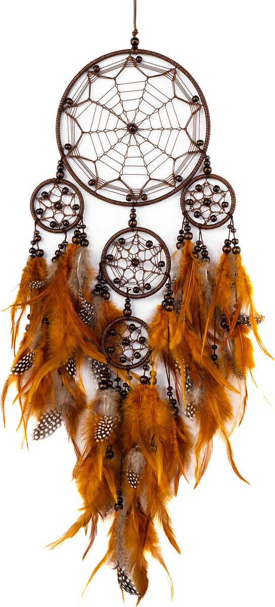 KIMU® Dromenvanger Ster Bruin - Dreamcatcher Veren Macramé - Bohemian Ibiza Kinderen Boho Babykamer Buiten Kado Meisjeskamer Veertjes Festival