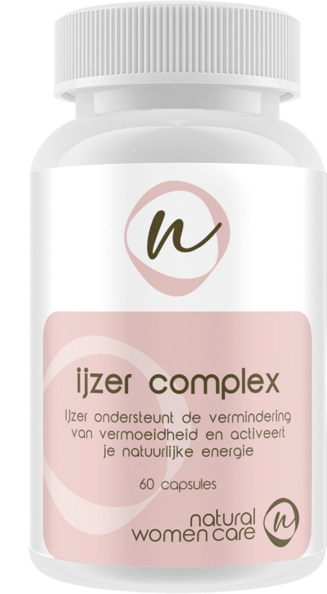 Natural Women Care = IJzer Complex, goed opneembaar ijzer bisglycinaat met oa vitamine c, folaat, zink en selenium. Complete formule bij laag hb en laag ferritine