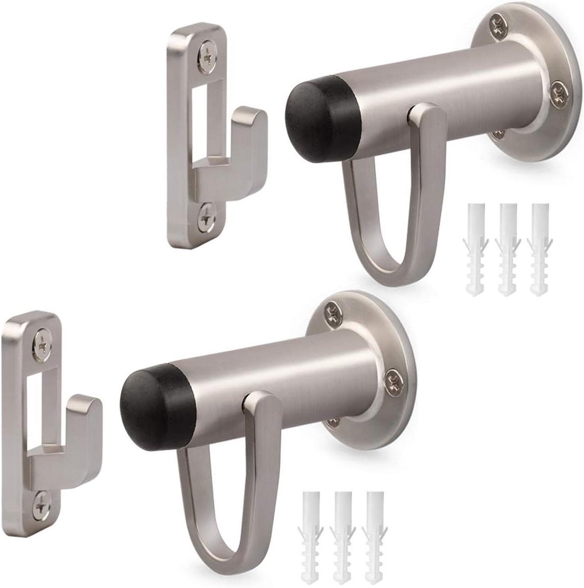 Zware Deurstopper - Deurhouder Haak - Muur Beschermen - Met Geluidsdempende Bumper - 2 Stuks - Geborsteld Nikkel