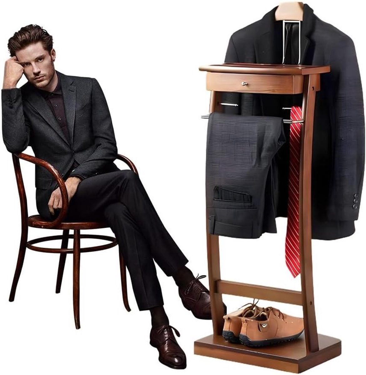 Houten Kapstok - Kledingstandaard - Kleding Organiseren - Met Lade - 44x30x112 cm - Walnoo