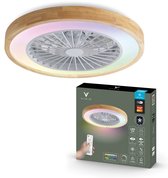 Varin ventilatorlamp met licht houten rand, wit met grijze ventilatorbladen en LED verlichting met veel kleuren. Met verpakking en afstandsbediening.