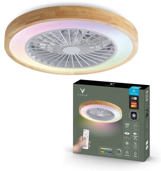 Varin® Plafondventilator met verlichting - Licht hout - Tuya Wifi - LED RGBW - Ø 50cm - Super stil - Afstandsbediening smart lamp - Plafondlamp slaapkamer - Plafonniere woonkamer - Plafondlampen - Plafond lamp - Verlichting kinderkamer - Ventilator