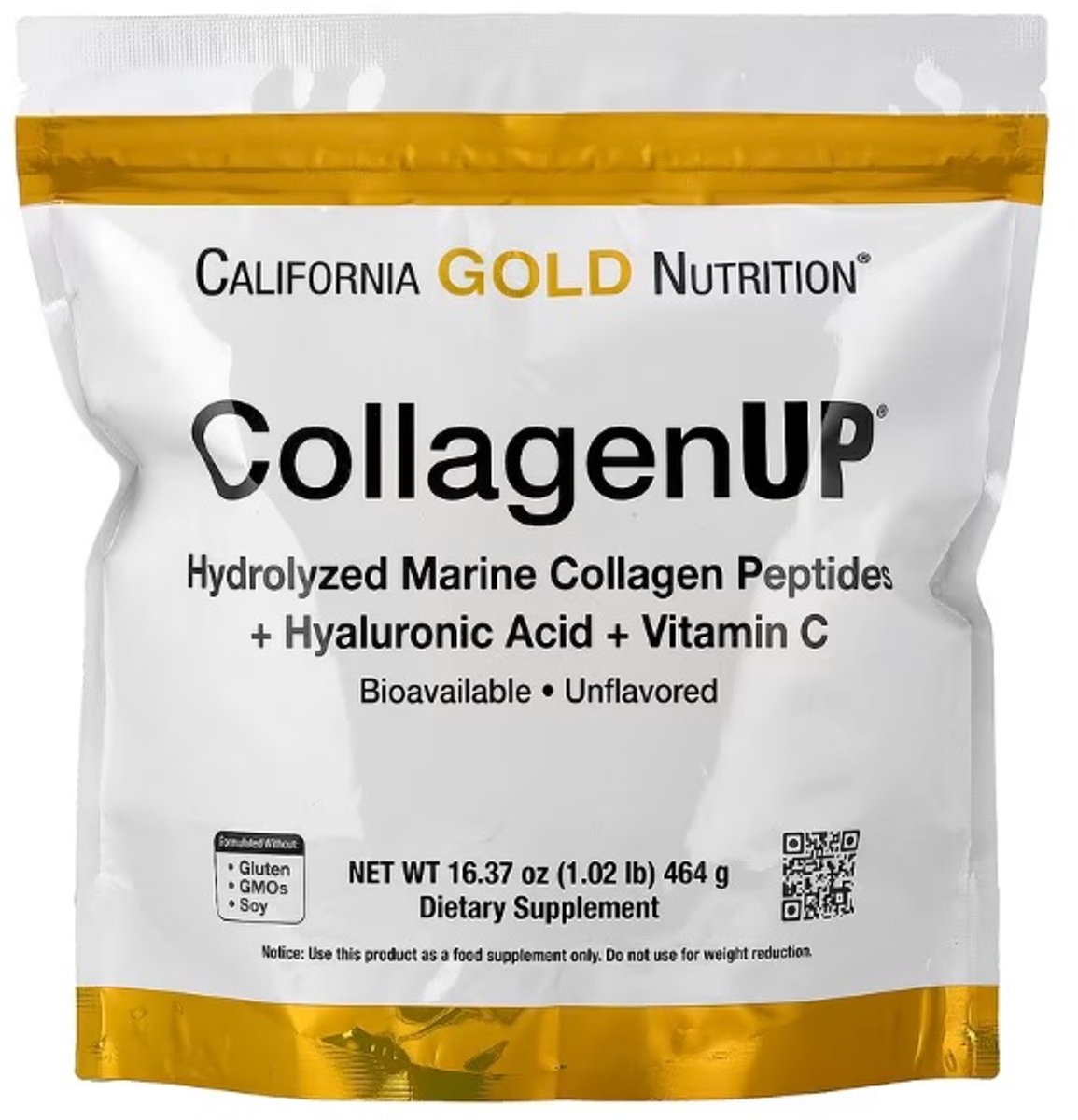 California Gold Nutrition, CollagenUP®, Hydrolyzed Marine Collagen Peptides with Hyaluronic Acid and Vitamin C, Unflavored, 1.02 lb (464 g)