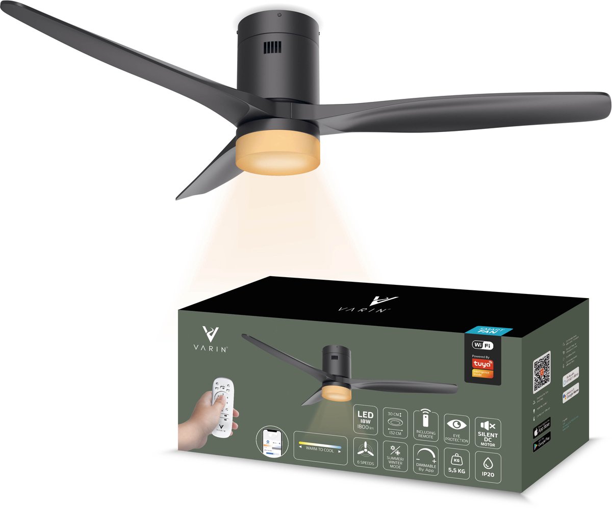 Varin® Smart Ventilator met LED verlichting - Zwart - Tuya Wifi - LED 18W CCT - Lange bladen - Ø 132cm - 6 snelheden - Super stil 20dB - Met afstandsbediening en gratis app - Ventilatorkachel - Ventilatoren plafond - Verkoeling en verwarming