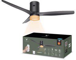 Varin® Smart Ventilator met LED verlichting - Zwart - Tuya Wifi - LED 18W CCT - Lange bladen - Ø 132cm - 6 snelheden - Super stil 20dB - Met afstandsbediening en gratis app - Ventilatorkachel - Ventilatoren plafond - Verkoeling en verwarming