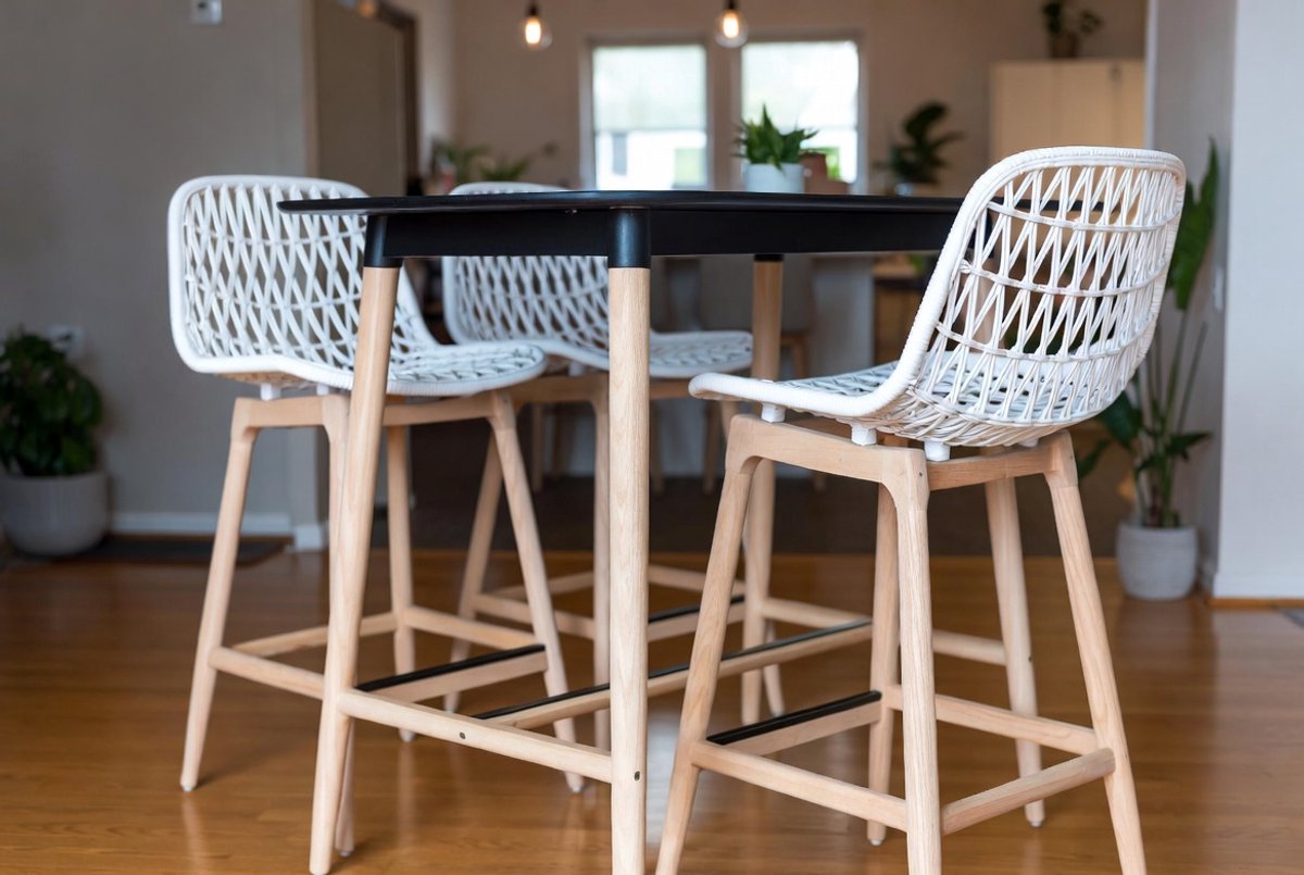 Luxe 5-Delige Barset Zwart-Wit met Ergonomische Barkrukken en MDF Tafelblad (120x60x105 cm) – Modern Industrieel Design voor Keuken, Bar en Horeca – Ganeey
