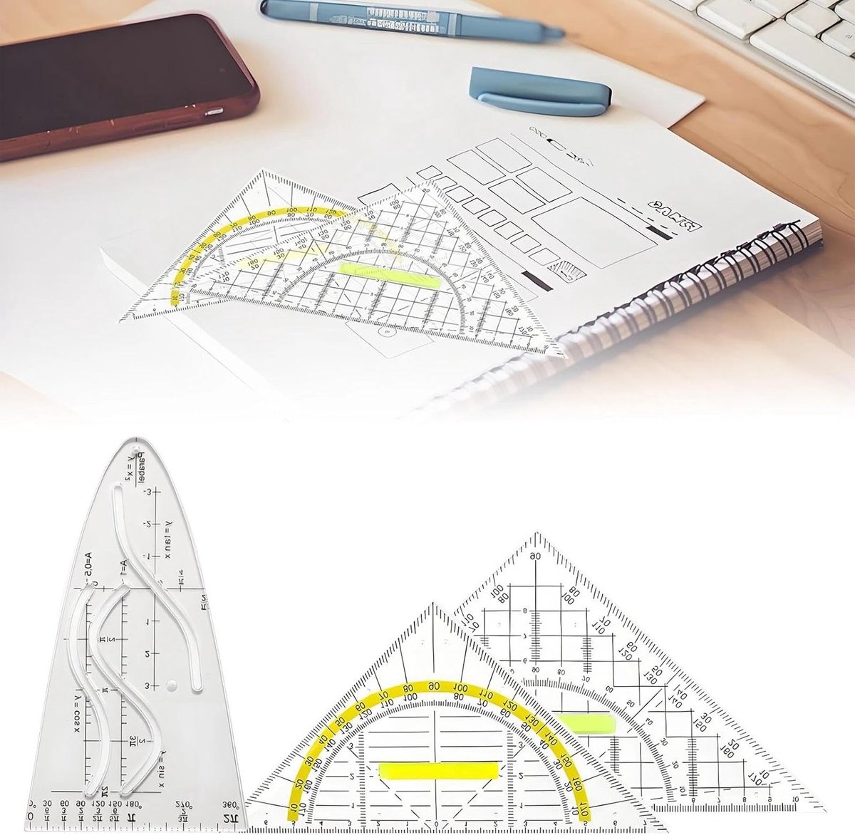 Set van 3 Geometrische Driehoeken met Handvat, Flexibele Sjablonen voor Tekeningen en Modelleren, Transparant en Geschikt voor School en Kantoor